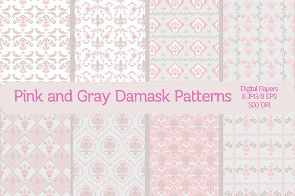 Pink and Gray Damask Seamless Patterns for Creative Projects