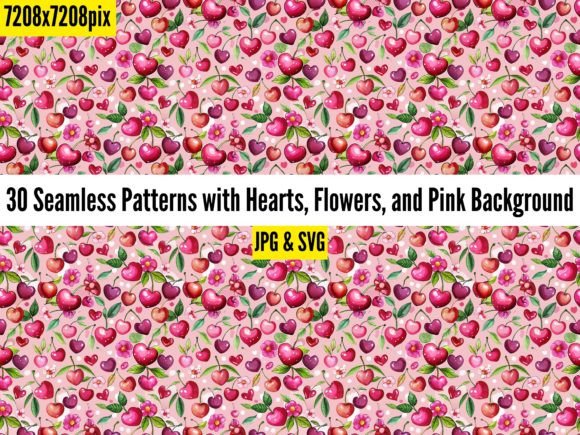 Seamless Patterns with Hearts, Flowers