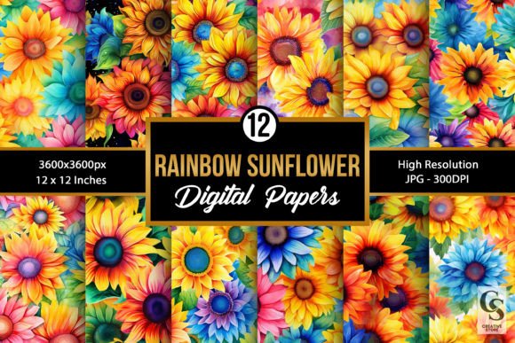 Watercolor Rainbow Sunflowers Patterns for Creatives
